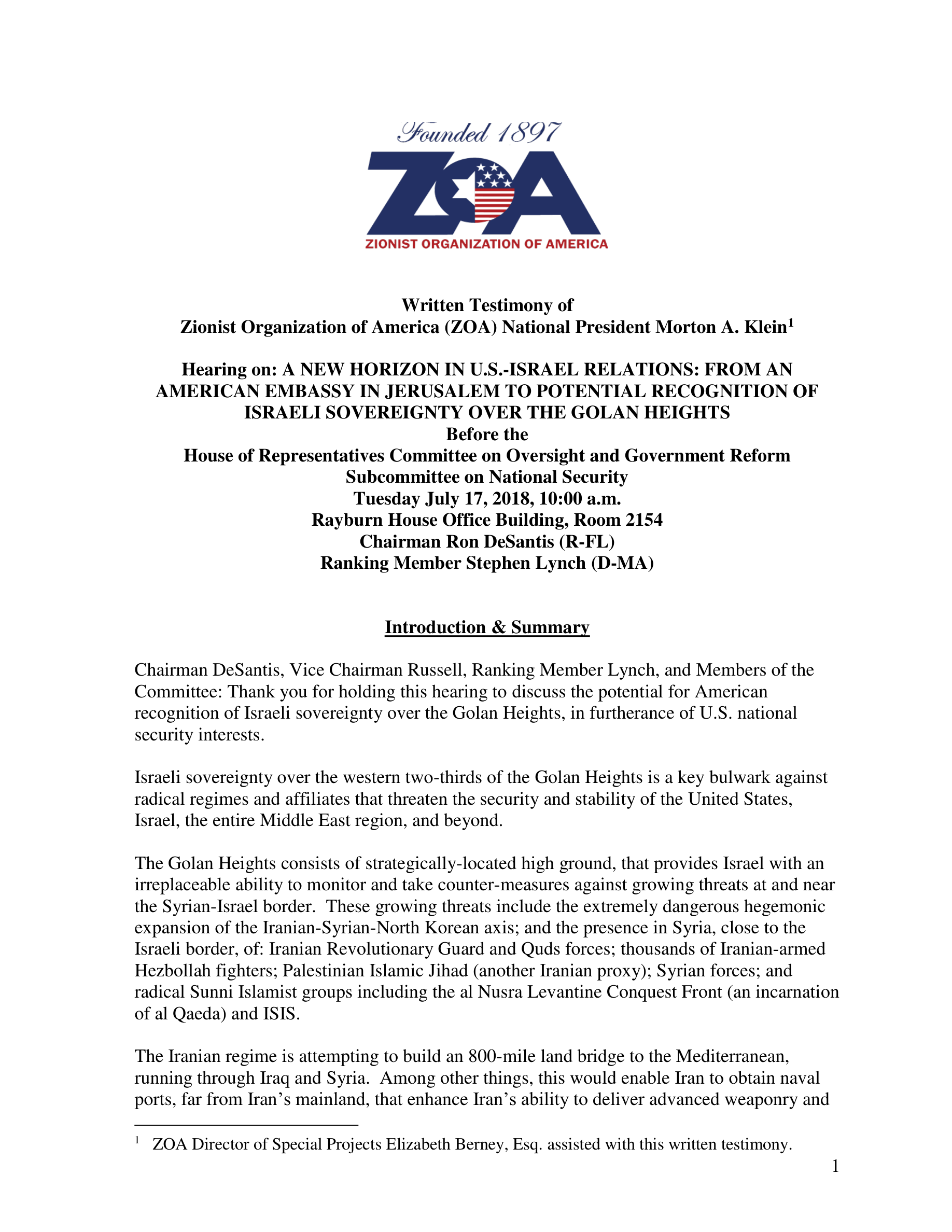 Morton Klein Congressional Testimony on Golan Heights